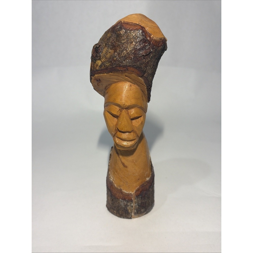 Hand Carved Wooden Bust Woman Rustic Folk Art Sculpture Natural Bark Boho Decor